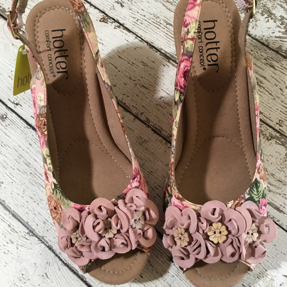 - Hotter ~ PINK FLORAL ~ CORK Wedge Heels~ Sz 6.5 - Picture 3 of 7